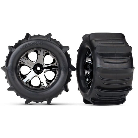 إطارات وعجلات Traxxas، مجمعة وملصقة (2.8 بوصة) (عجلات من الكروم الأسود All-Star، إطارات مجداف، حشوات إسفنجية) (نيترو خلفي/ دفع رباعي كهربائي أمامي/خلفي) (2) (مصنفة وفقًا لمعايير TSM)
