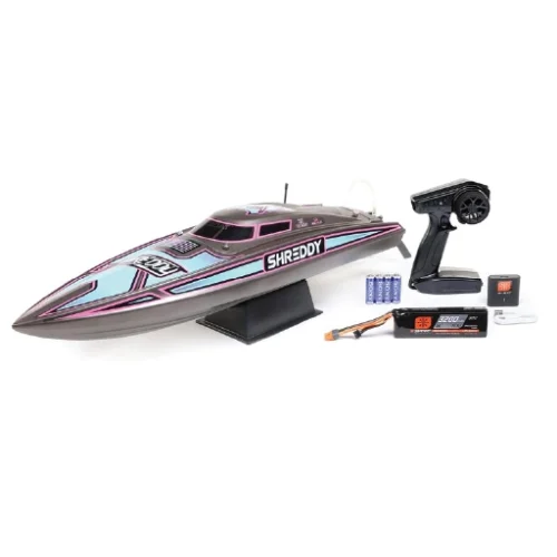 The Recoil 2 V2 26" Self-Righting Brushless Deep-V RTR in "Shreddy" design is a remote-controlled boat designed for exhilarating water adventures